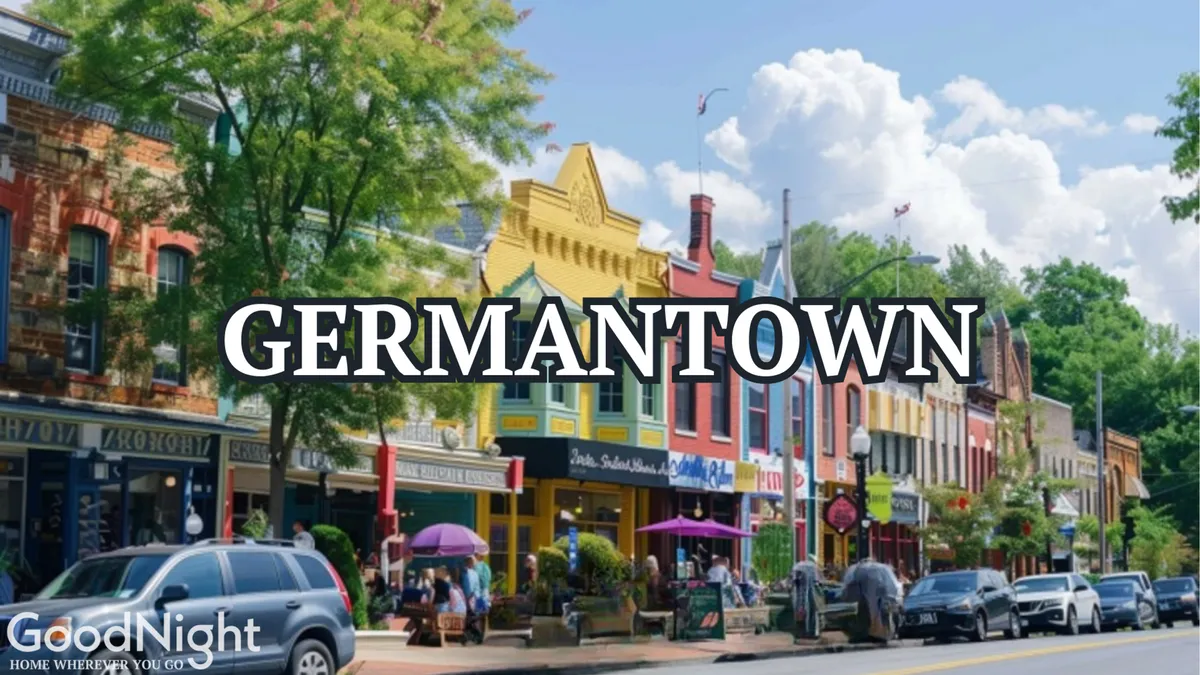 A colorful and bustling streetscape featuring storefronts, people enjoying themselves, parked cars, and leafy trees. The lively scene emphasizes the neighborhood’s vibrancy and abundance of amenities within walking distance.